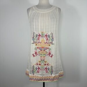 Y2K Da-Nang White Boho Sleeveless Cotton Embroidery Beaded Shift Dress Size S